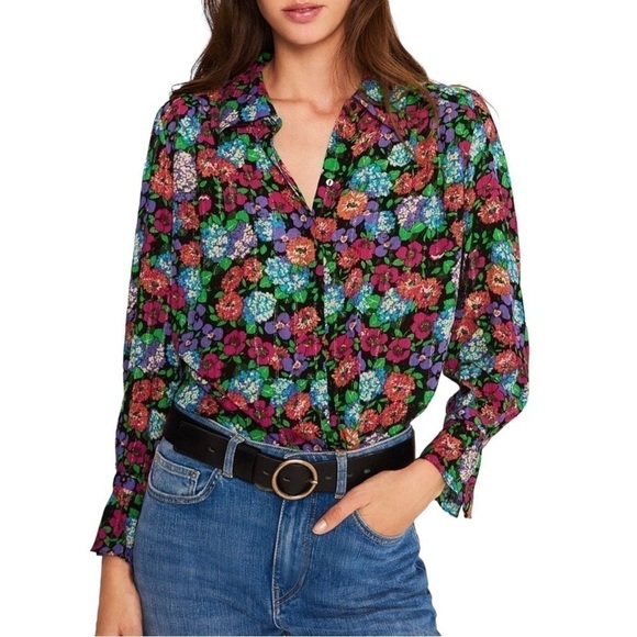 Ellie Tahari Metallic Floral Button Down Long Sleeve Semi Sheer Blouse Top NWT - Picture 3 of 11